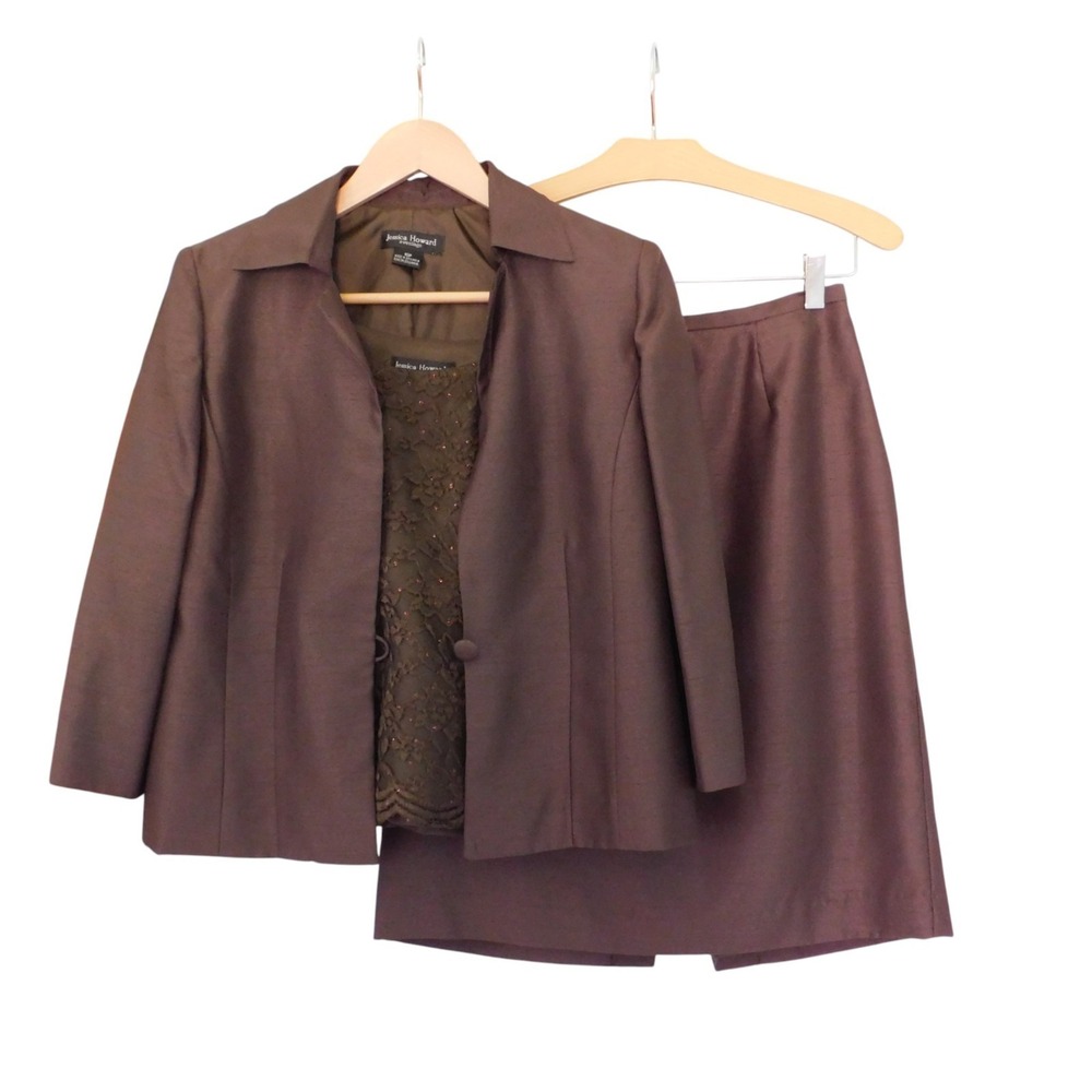 Jessica Howard Evening 3 Pc Suit Formal Set Brown Lace Skirt Top Jacket 10P